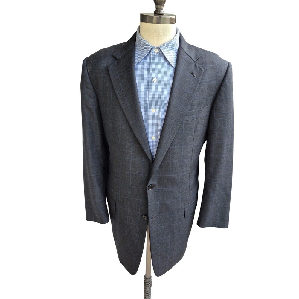 Hickey Freeman Collection Canterbury Wool Blazer 42L Charcoal Blue Windowpane